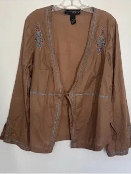 Venezia Tan Tie-Front Utility Jacket with Turquoise & Pink Embroidery - Picture 2 of 7